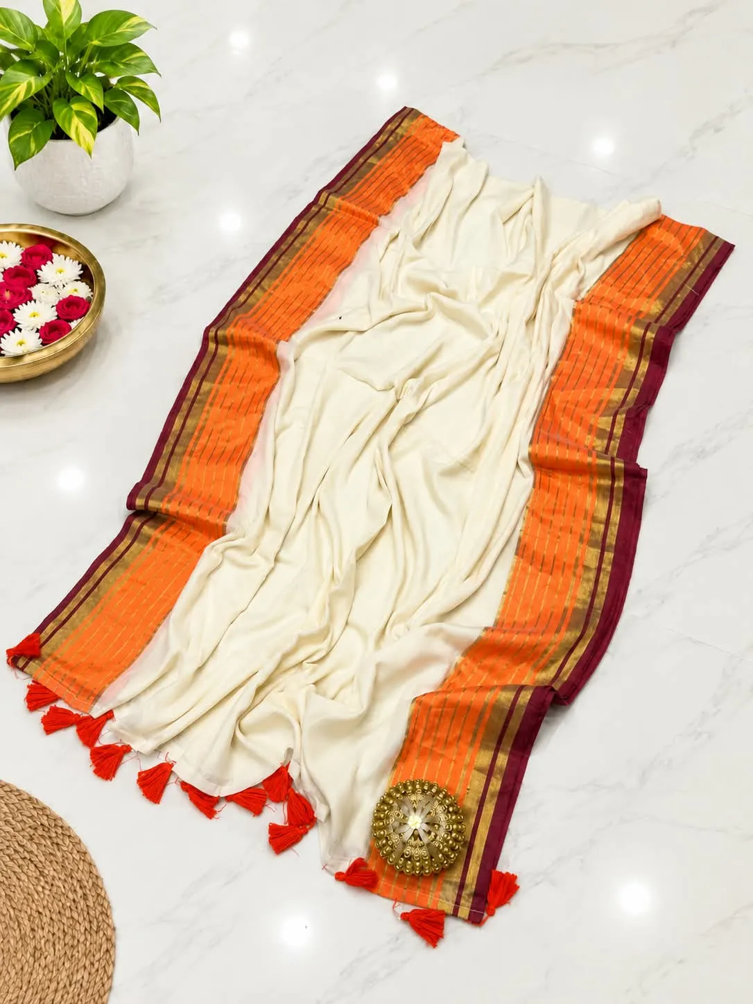 Ivory Orange Maroon Border Kerala Mull Cotton Saree